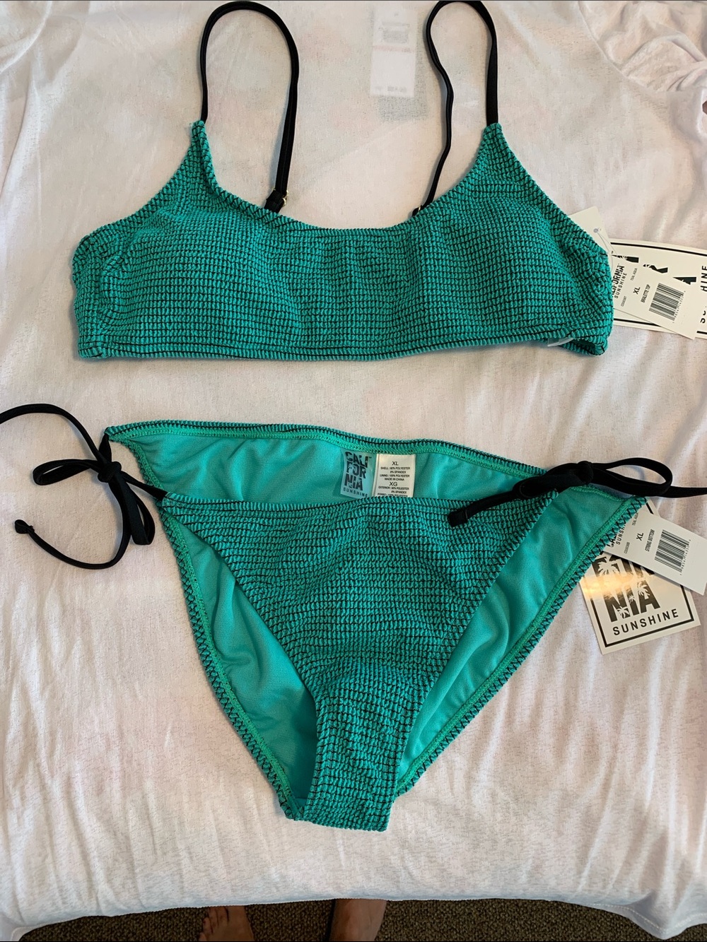 Teal Textured Tie-Side Bikini Set with Black Straps